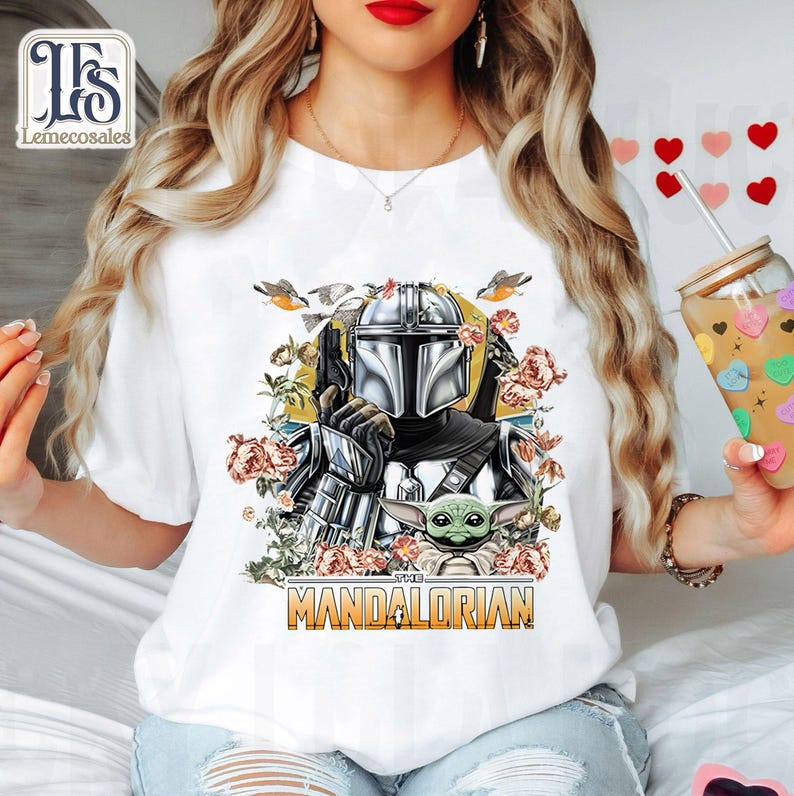 Vintage The Mandalorian Floral Shirt, Retro Disney Star Wars Tshirt, Disneyland Family Vacation 2026, Galaxy's Edge Trip, The Magic Kingdom image 6