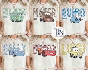 Custom Disney Cars Characters Group Checkerboard Retro Shirt, Disneyland Family Trip 2026 Gift, Lightning McQueen and Tow Mater Matching Tee