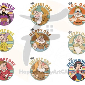 May include: Nine circular retro-style illustrations featuring characters from Snow White. Each character is in a circle with a name above it: The Evil Queen, Bashful, Doc, Dopey, Happy, Sleepy, Grumpy, Sneezy, and Snow White.