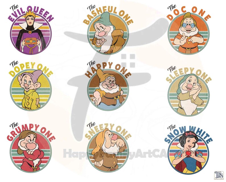 May include: Nine circular retro-style illustrations featuring characters from Snow White. Each character is in a circle with a name above it: The Evil Queen, Bashful, Doc, Dopey, Happy, Sleepy, Grumpy, Sneezy, and Snow White.