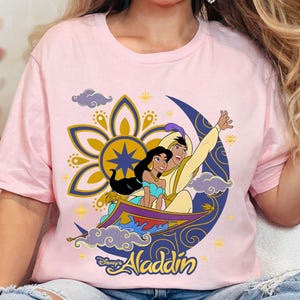 Vintage Disney Aladdin Shirt, Cute Jasmine & Aladdin Flying Carpet Floral Poster Tshirt, WDW Magic Kingdom Disneyland Trip Family Vacation