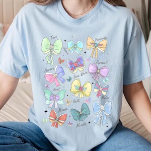 Vintage Coquette Bows Watercolor Disney Princess Shirt, Disney Aurora Ariel Belle Cinderella Tiana Tshirt, Disneyland Family Vacation 2025