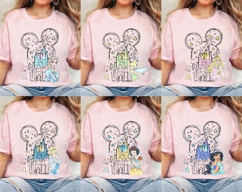 Camiseta vintage con orejas de Mickey y retrato de princesa Disney, Aurora, Ariel, Bella, Cenicienta, Tiana, acuarela, vacaciones familiares en Disneyland