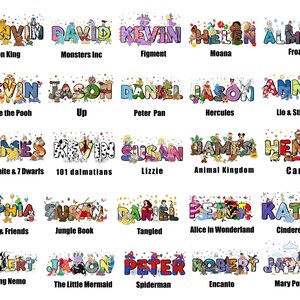 Puede incluir: Un gr&aacute;fico colorido con 20 nombres diferentes, cada uno con un personaje de dibujos animados de una pel&iacute;cula de Disney. Los nombres est&aacute;n escritos en una fuente de dibujos animados divertida. Cada nombre est&aacute; emparejado con el t&iacute;tulo de la pel&iacute;cula.