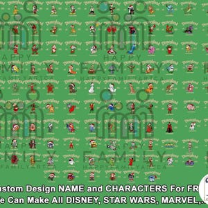 May include: A green background features numerous cartoon characters, including Disney and Marvel figures, each wearing a Santa hat. The word "Disneyland" is repeated throughout the design. Text at the bottom reads "Custom Design NAME and CHARACTERS For FR".