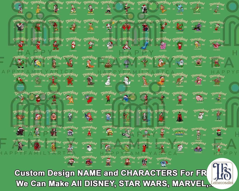 May include: A green background features numerous cartoon characters, including Disney and Marvel figures, each wearing a Santa hat. The word "Disneyland" is repeated throughout the design. Text at the bottom reads "Custom Design NAME and CHARACTERS For FR".