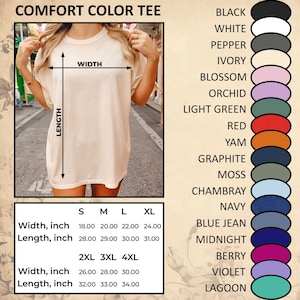 May include: A chart showing the size and color options for a t-shirt. The chart shows the width and length of the t-shirt in inches for sizes S, M, L, XL, 2XL, 3XL, and 4XL. The chart also shows a color swatch for each of the following colors: black, white, pepper, ivory, blossom, orchid, light green, red, yam, graphite, moss, Chambray, navy, blue jean, midnight, berry, violet, and lagoon.