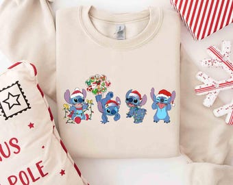 Niedliches Disney Santa Stitch Weihnachten Ballon Sweatshirt, Micky's Merry Xmas Party passendes T-Shirt, Disneyland Urlaub Familien Geschenk