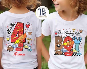 Chemise recto-verso pour garçon, anniversaire Cars Land, Lightning McQueen Mater Hudson Sally Cars anniversaire garçon, cadeau d'anniversaire fille
