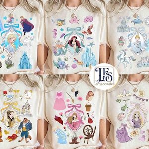 Coquette Bows Watercolor Disney Princess Characters Shirt, Magic Kingdom Family Trip, Customize Tiana Ariel Elsa Rapunzel Belle Jasmine Tee