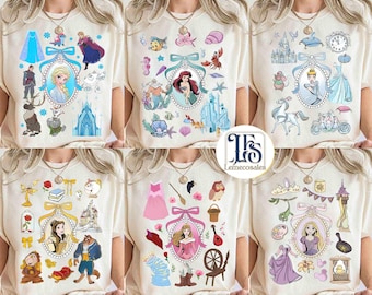 Coquette Bows Watercolor Disney Princess Characters Shirt, Magic Kingdom Family Trip, Customize Tiana Ariel Elsa Rapunzel Belle Jasmine Tee