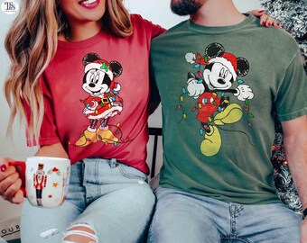 Disney Couples Mickey and Minnie Mouse Christmas Lights T-Shirt, Mickey; Very Merry Xmas Party Sweatshirt, Disneyland Vacation Holiday Gift