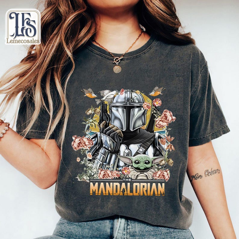 Vintage The Mandalorian Floral Shirt, Retro Disney Star Wars Tshirt, Disneyland Family Vacation 2026, Galaxy's Edge Trip, The Magic Kingdom image 1
