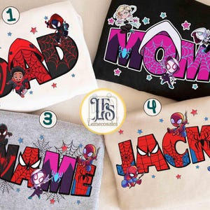 Camiseta personalizada con nombre para niños pequeños de Spidey y sus increíbles amigos, camiseta de cómic de MCU, camiseta personalizada de Ghost Spider Spin, viaje familiar a Disneyland