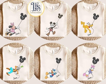 Custom Kid Toddler Name Age Mickey Mouse With Balloon Shirt, Disneyland Family Trip Shirt, Personalized Mickey Mouse Birthday Present Gift