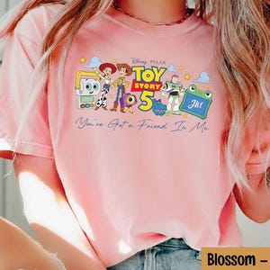 May include: Pink t-shirt featuring a graphic of characters from the Disney Pixar movie Toy Story 5. The design includes Woody, Buzz Lightyear, and other characters, with the text "You've Got a Friend In Me".