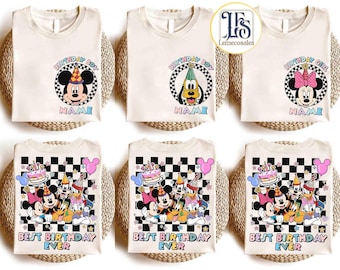 May include: Cream-colored t-shirts with colorful cartoon graphics. Designs include Mickey Mouse, Pluto, and Minnie Mouse with birthday themes. Some shirts say "Birthday Boy" or "Birthday Girl" with space for a name. Others say "Best Birthday Ever".