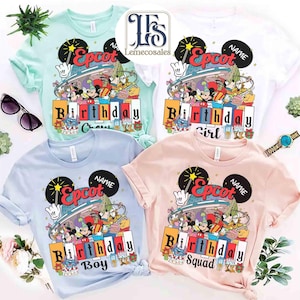 May include: Four pastel-coloured t-shirts: mint green, white, light blue, and pink. Each shirt displays a colourful graphic with the word "Epcot" in red, a Mickey Mouse head, and the text "Birthday" with a personalized name.