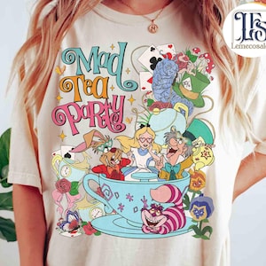 Vintage Mad Tea Party Disney Alice in Wonderland Shirt, Floral Alice Mad Hatter Cheshire Cat Family Shirt, WDW Disneyland Girl Trip Matching