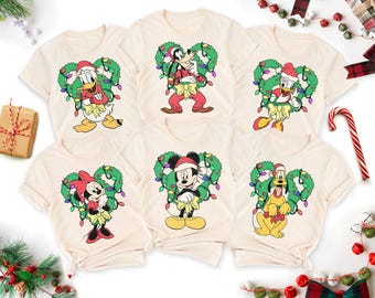 Camiseta vintage de Disney con corona navideña de Mickey y sus amigos, camiseta navideña familiar de Disney, camisetas de fiesta navideña de Mickey