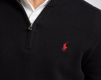 RALPH LAUREN Quarter Zip Pullover Jumper Regular Fit Inspired Men&#39;s V Neck Logo Cotton Jumper Smart Gift For Him