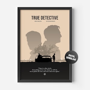May include: Framed poster featuring the text "TRUE DETECTIVE" with the names Woody Harrelson and Matthew McConaughey. The artwork includes silhouettes of two men, a car, and the quote "Time is a flat circle." A digital download sticker is on the bottom right.