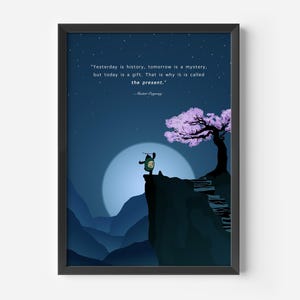 May include: Framed art print featuring a serene landscape with a figure on a cliff, a full moon, and a tree with pink blossoms. The artwork includes the quote: "Yesterday is history, tomorrow is a mystery, but today is a gift. That is why it is called the present."