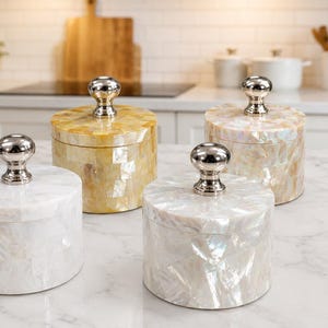 Handmade Mother of Pearl Mosaic Jar, Silver Knob, Luxury Kitchen Storage (Housewarming Gift)