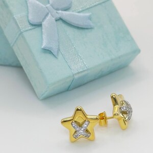 Gold Plated Star with Zircon Stones | 3D Gold Star X shaped Zircon stones, Gold Star Stud Earrings, Trendy gift, star 925 Sterling Silver