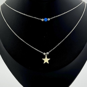 925 sterlingzilveren gelaagde sterketting met Pacifische blauwe opaalsteen | Sierlijke gelaagde ketting met sterhanger | Minimalistische sieradenketting