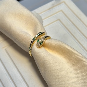 Gold Serpent Ring with Moissanites / Gold Snake Ring with Emerald / Stacking Wraparound Ring / Adjustable Snake Ring / Birthday Gift for Her