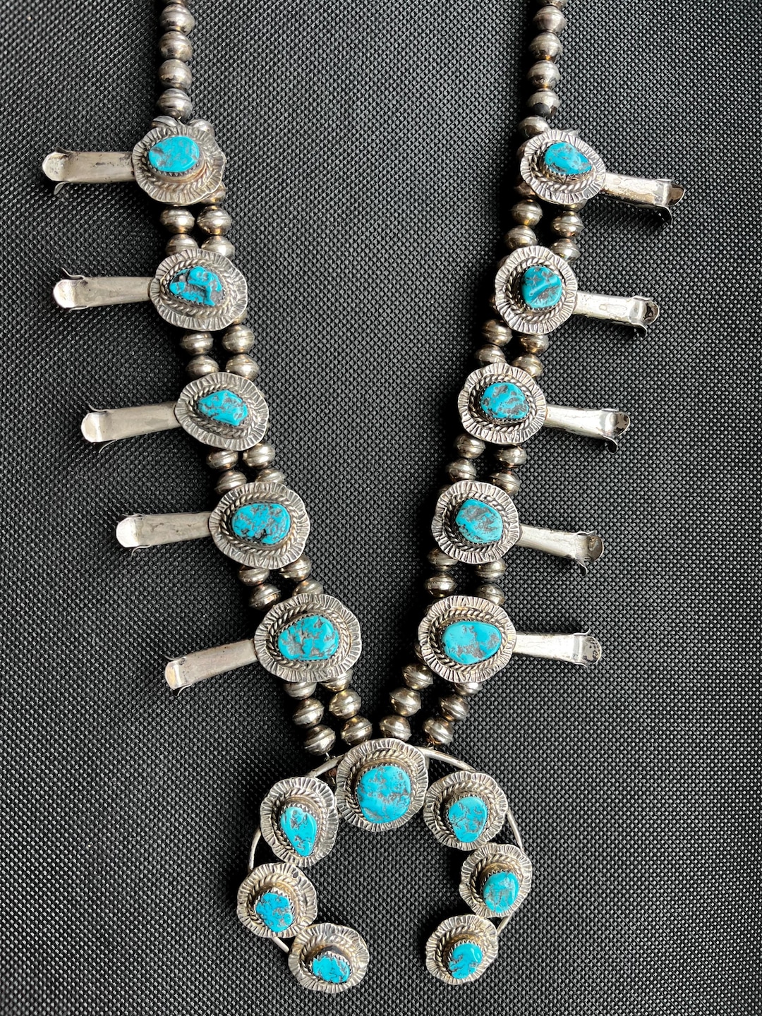 Vintage 1970s Sterling Silver Navajo Squash Blossom, Turquoise, 23 ...