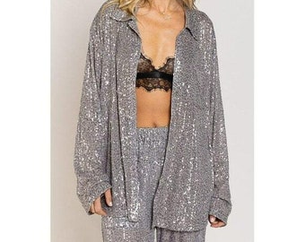 Life's a Party Sequin Button-Up Shirt in Grey