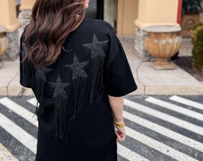 This Ain't Texas Fringed Star Sequin Patch Tee in Black