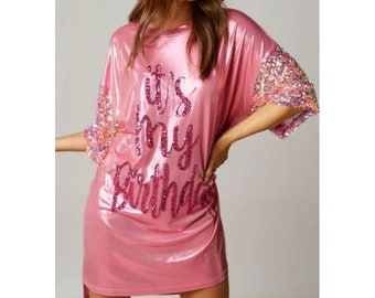 Birthday Queen Foil Sequin Dress in Pink