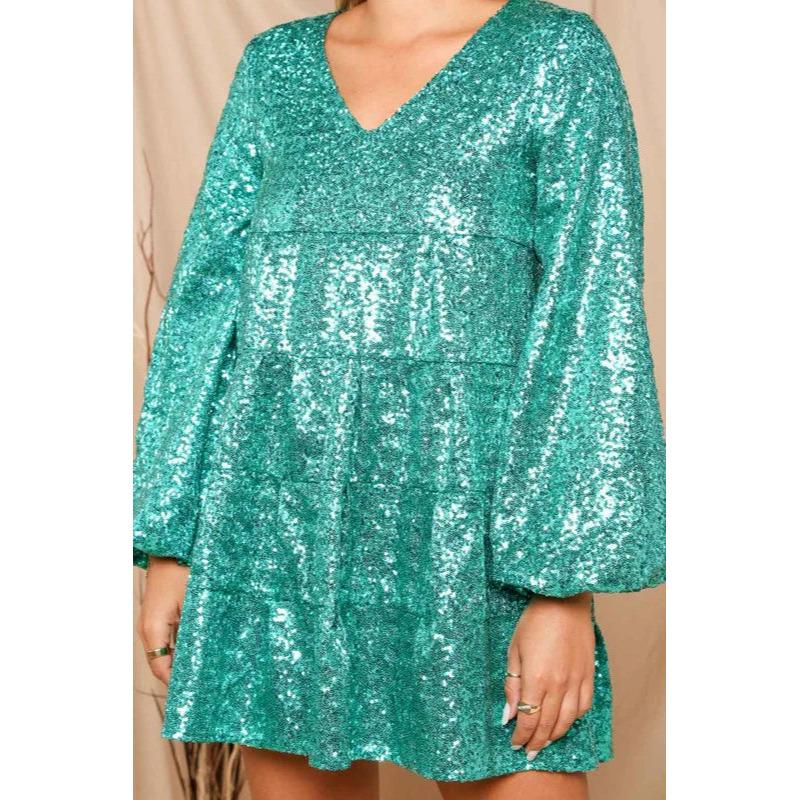 green sequin babydoll dress Dance The Night Away Tiered Baby Doll in MTORD