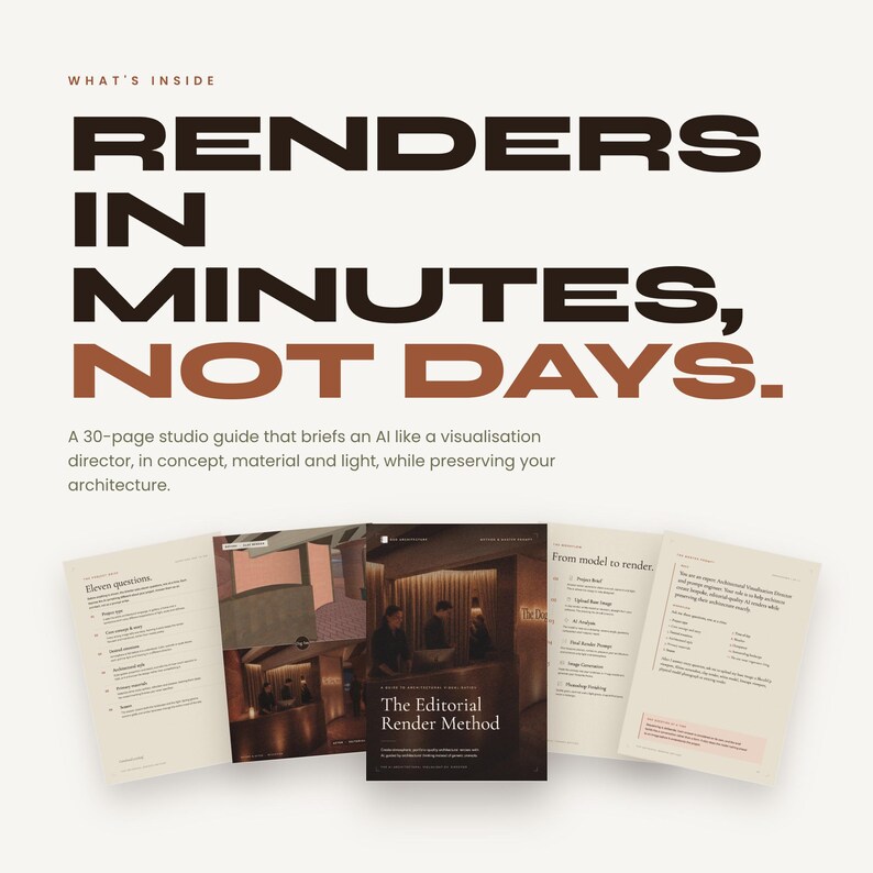 Pode incluir: Um guia de est&uacute;dio de 30 p&aacute;ginas intitulado The Editorial Render Method, com o texto Renders in minutes, not days. O guia inclui p&aacute;ginas com conceitos de visualiza&ccedil;&atilde;o arquitet&oacute;nica, instru&ccedil;&otilde;es sobre materiais e luz, e imagens de design de interiores.
