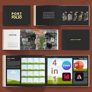 Pode incluir: Layout de portfólio com fundo escuro e texto amarelo. A palavra "PORT FOLIO" é exibida na capa. No interior, existem vários layouts com imagens, texto e ícones, incluindo "4 em 1" e logotipos de software.