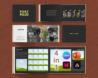 May include: A portfolio layout with a dark background and yellow text. The word "PORT FOLIO" is displayed on the cover. Inside, there are various layouts with images, text, and icons, including "4 in 1" and software logos.