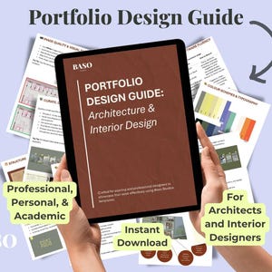 Pode incluir: Um tablet exibe um "Guia de Design de Portfólio: Arquitetura e Design de Interiores" com o logotipo BASO. A imagem inclui documentos de apoio e texto que diz "Profissional, Pessoal e Acadêmico", "Download Instantâneo" e "Para Arquitetos e Designers de Interiores".