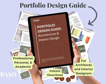 May include: A tablet showing a "Portfolio Design Guide: Architecture & Interior Design" with the BASO logo. Supporting documents and text are visible, including "Professional, Personal, & Academic", "Instant Download", and "For Architects and Interior Designers".