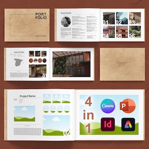 May include: A portfolio layout with a brown cover labeled "PORT FOLIO" and "GRACE DAVIES." Inside, pages display project details, photos, and the text "4 in 1" with Canva, P, Id, and A logos. The layout includes a resume and project examples.