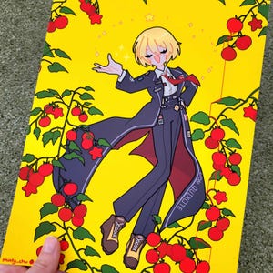 Pode incluir: Um fundo amarelo com um personagem de desenho animado vestindo um casaco preto e calças, uma gravata vermelha e uma camisa branca. O personagem está em pé em um campo de tomates vermelhos. O texto "DON'T OUTLIVE" é visível no casaco do personagem.