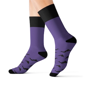 Purple & Black Bat Print Socks – Halloween Crew Socks – Fall Autumn Socks – Bats Patterned Socks – Spooky Gift Socks