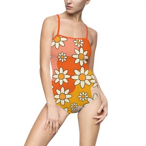 Retro-Inspired Daisy Women&#39;s One-piece Swimsuit, XS to 3XL - Daisy Bathing Suit, Floral Bathing Suit, Daisy Swimsuit, Orange Bathing Suit