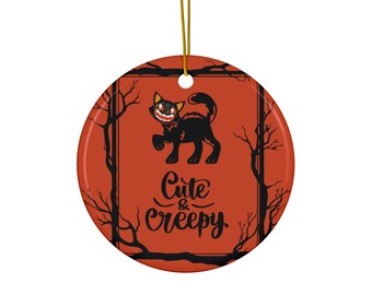 Vintage-Inspired Black Cat "Cute and Creepy" Round Ceramic Halloween Ornament - Two-Sided Halloween Ornament - Cat Ornament - Cute Ornament