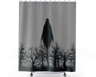Gray & Black Ghostly Figure Halloween Shower Curtain – Creepy Halloween Bath Accessory – Fall Bathroom Decor – Spooky Shower Curtain