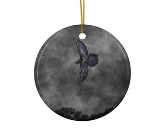 Enfeite redondo de cerâmica de Halloween com pássaro voador – Enfeite de pássaro cinza de 2 lados – Céu assustador e decoração de Halloween – Enfeite gótico de Natal