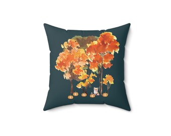 Fall Foliage, Fox & Pumpkin Square Pillow – Spun Polyester Autumn Pillow – Fall Home Decor – Fox Accent – Seasonal Autumn Decor