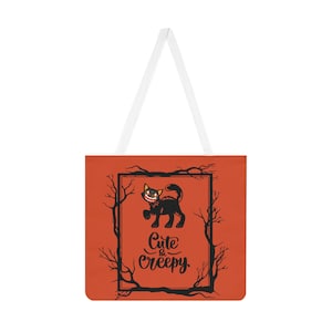 Vintage-Inspired Black Cat &quot;Cute & Creepy&quot; Halloween Tote Bag - Orange Halloween Tote Bag -Reusable Shopping Tote - Trick-or-Treat Bag
